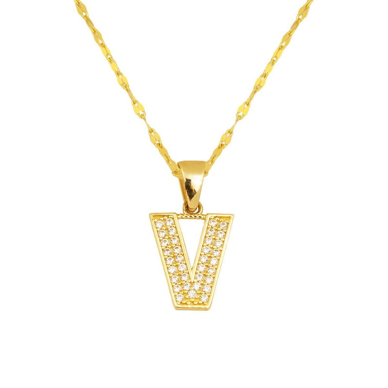 14K Yellow Gold V Initial Cubic Zirconia Necklace