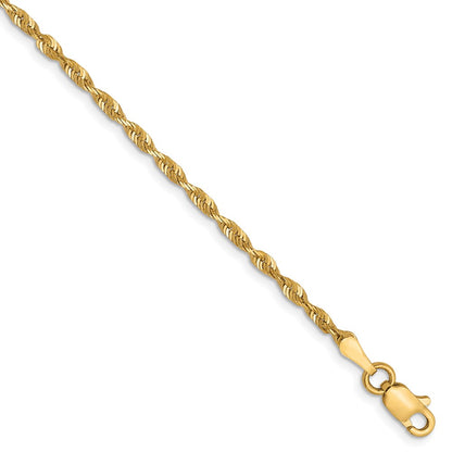 7 Inch 10k Yellow Gold 2mm Diamond-Cut Lightweight Rope Chain Bracelet