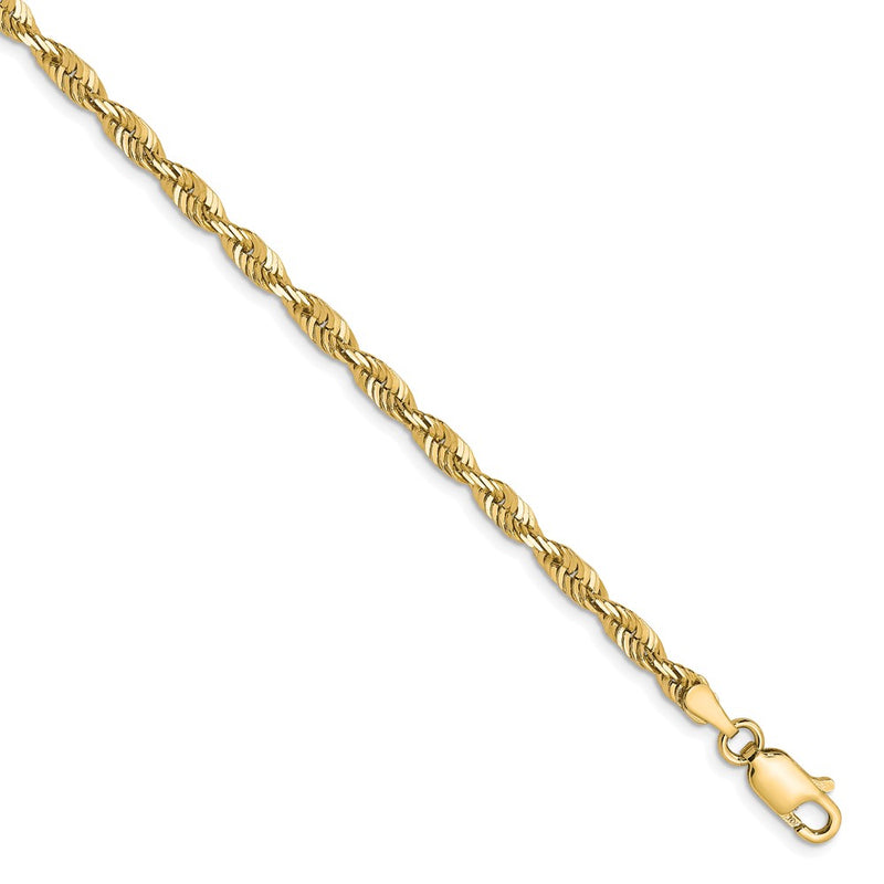 8 Inch 10K Yellow Gold 3mm Diamond Cut Lightweight Rope Chain Bracelet