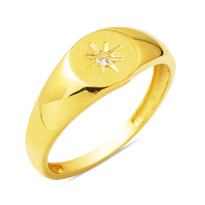 14K Yellow Gold Minimalist Star Signet Cubic Zirconia Ring