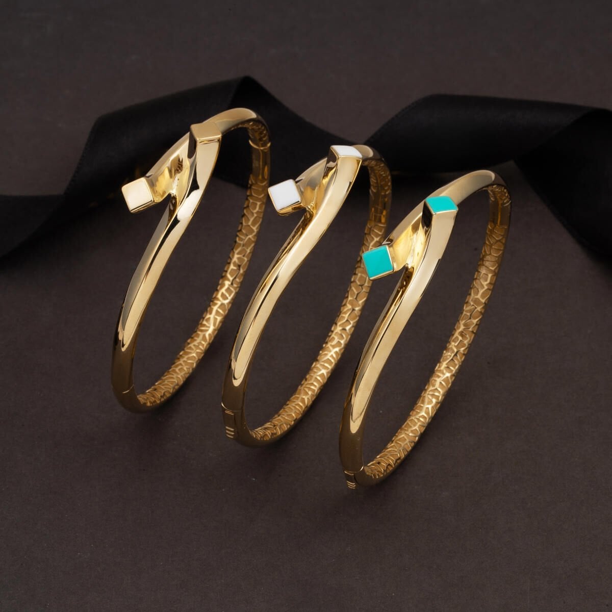 14K Yellow Gold Neva White Enamel Hinged Cuff Bangle