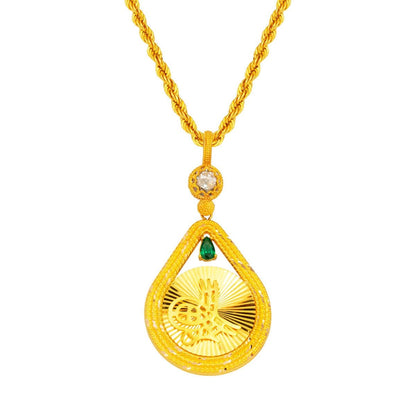 14K Yellow Gold Teardrop Ottoman Tughra Cubic Zirconia Necklace