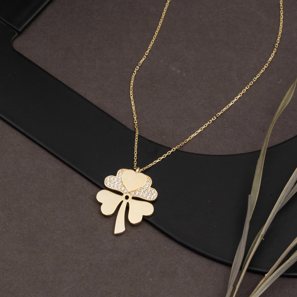 14K Yellow Gold Four Leaf Clover Cubic Zirconia Necklace