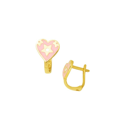 14K Yellow Gold Pink Heart Enamel Children's Earrings