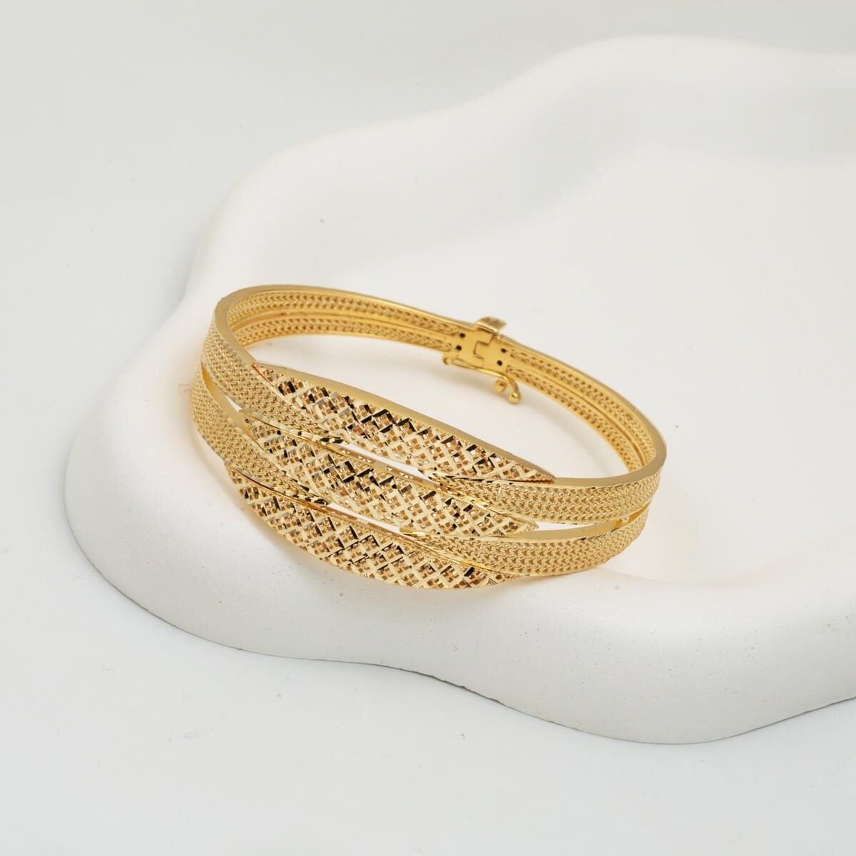 14K Yellow Gold Flower of Life Ribbed Hinged Cuff Bangle