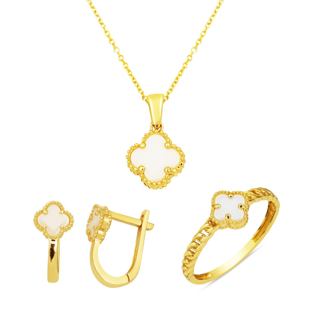 14K Yellow Gold Clover Mother of Pearl Cubic Zirconia Jewelry Set