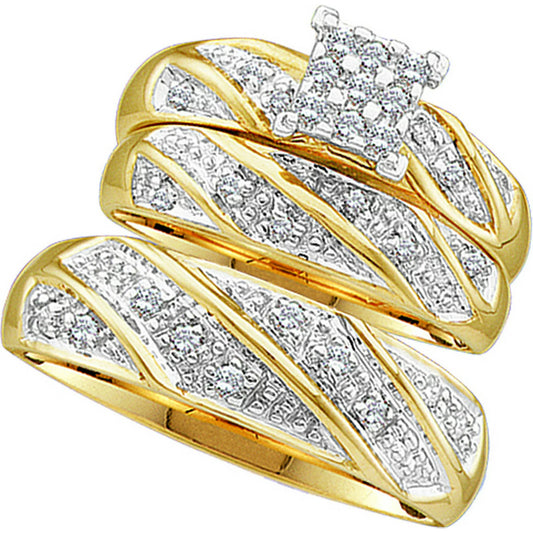 10k Yellow Gold Trio His & Hers Round Diamond Cluster Matching Bridal Wedding Ring Band Set (1/4 Cttw)