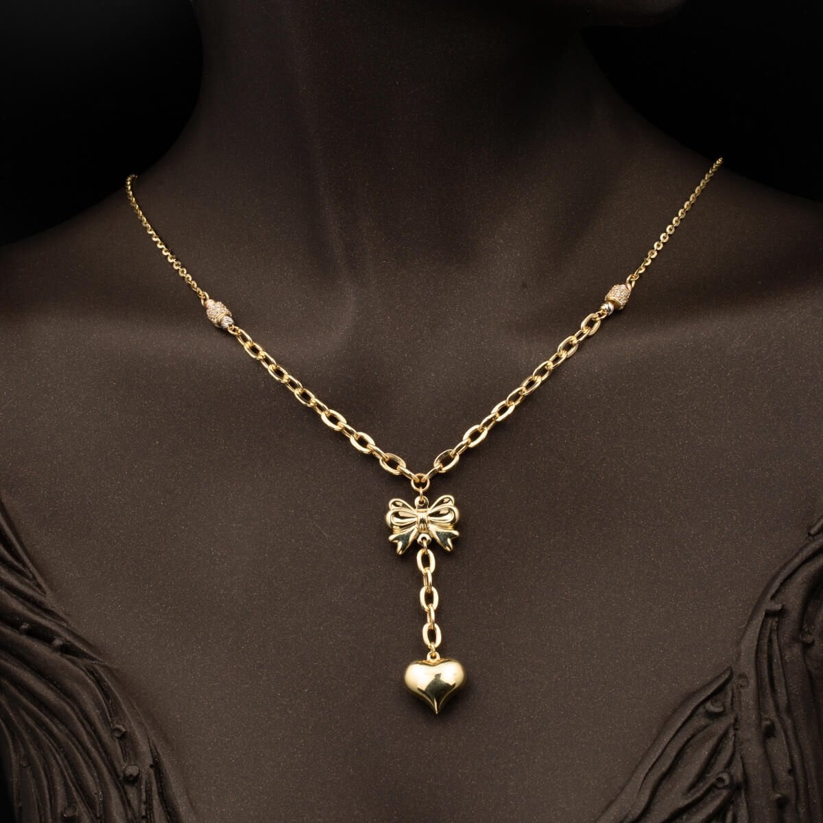 14K Yellow Gold Heart Dangle Cubic Zirconia Necklace and Bracelet Set