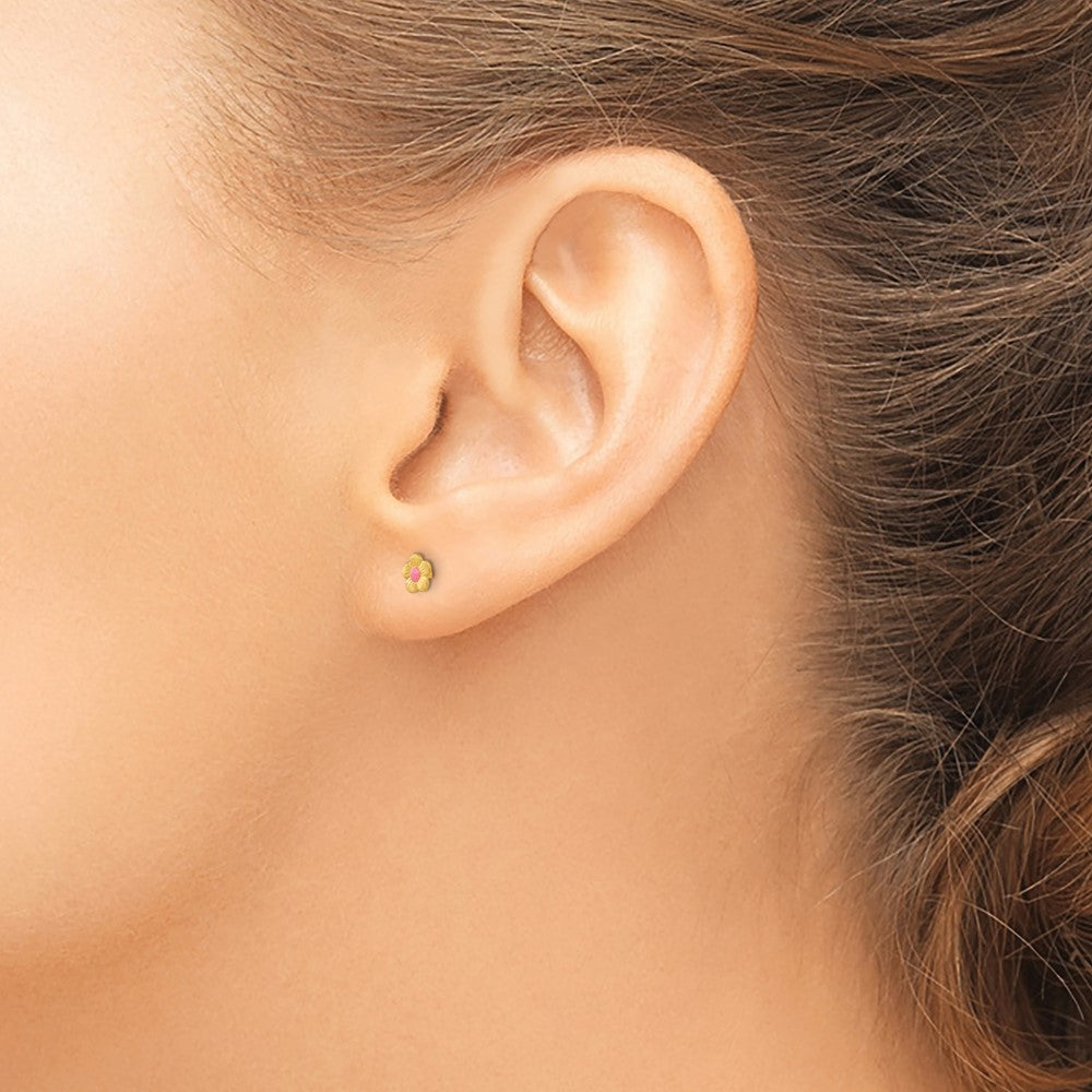 14K Yellow Gold Inverness Epoxy Fill Pink Mini Flower Earrings