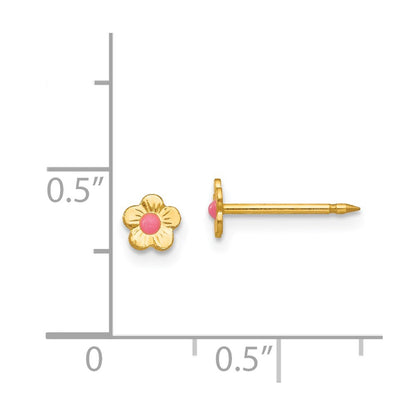 14K Yellow Gold Inverness Epoxy Fill Pink Mini Flower Earrings