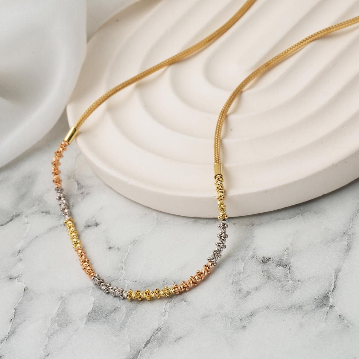 14K Yellow Gold Tri-Color Gold Bead Cubic Zirconia Necklace