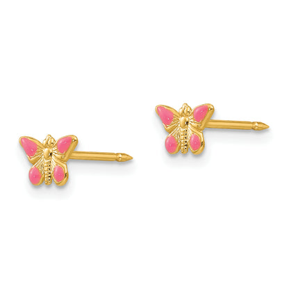 14K Yellow Gold Inverness Epoxy Fill Pink Butterfly Earrings