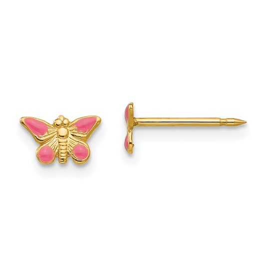 14K Yellow Gold Inverness Epoxy Fill Pink Butterfly Earrings