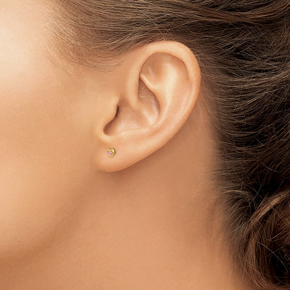 14K Yellow Gold Inverness Heart W/Pink Cz Earrings