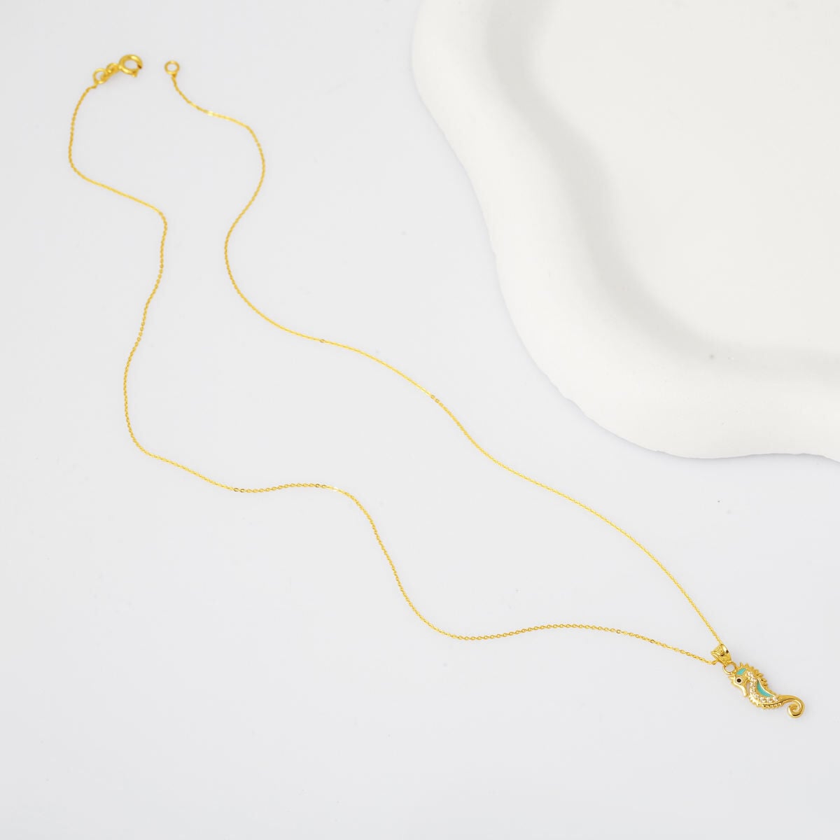 14K Yellow Gold Sea Horse Enamel Cubic Zirconia Necklace
