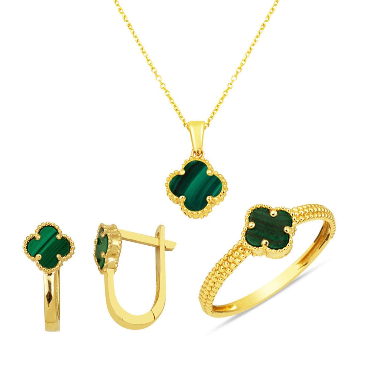 14K Yellow Gold Clover Green Cubic Zirconia Jewelry Set