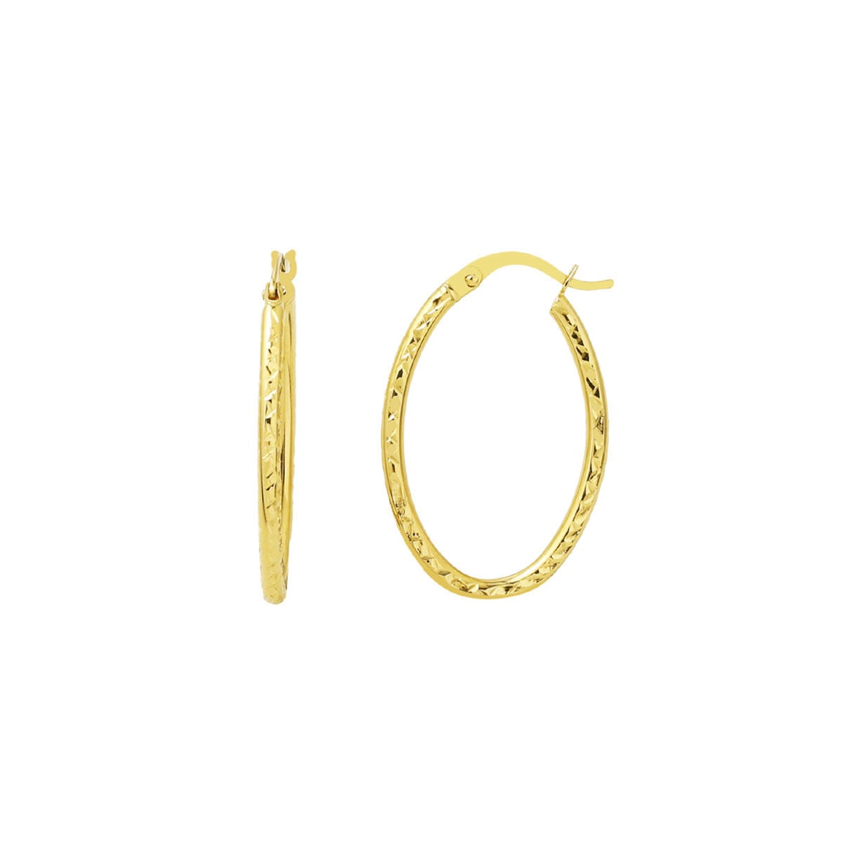 14K Yellow Gold Oval Hand Engraved Hoop Earrings