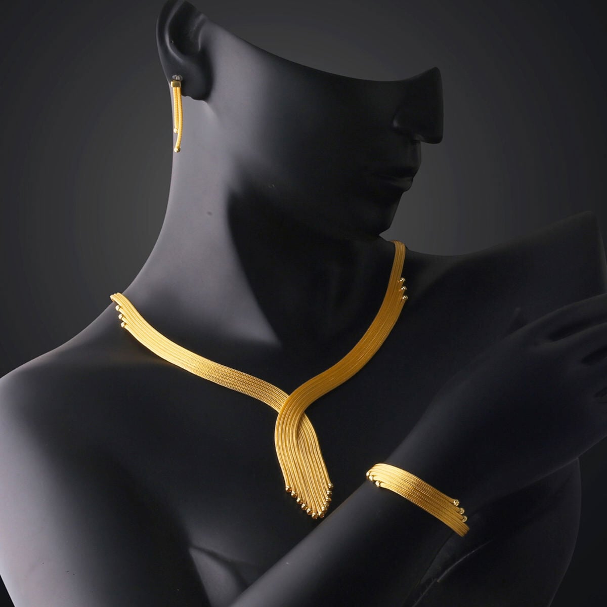14K Yellow Gold Woven Link Chain Drop Jewelry Set