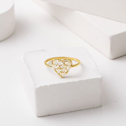 14K Yellow Gold Sparkling Baguette Heart Cubic Zirconia Ring