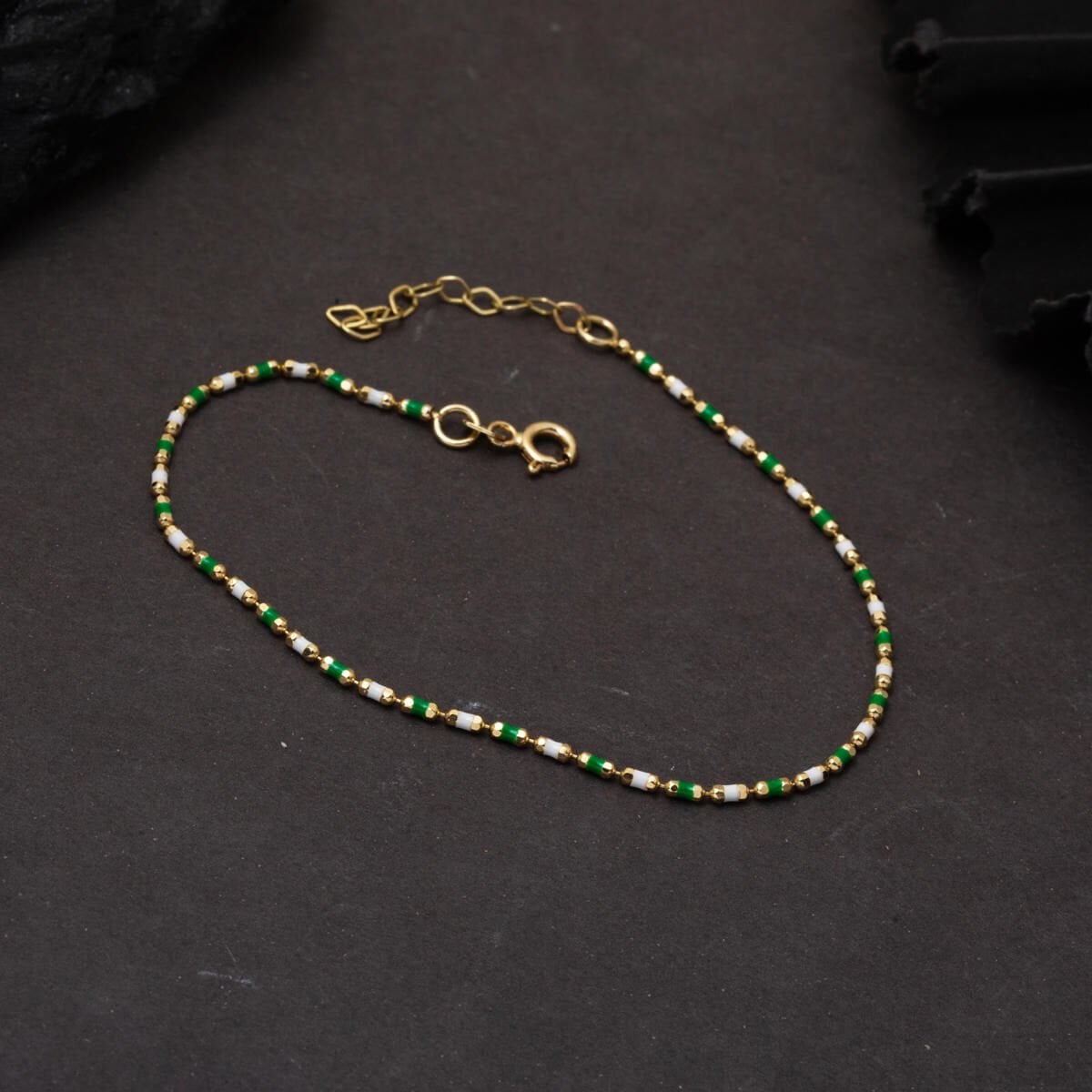 14K Yellow Gold Green Enamel Chain Bracelet