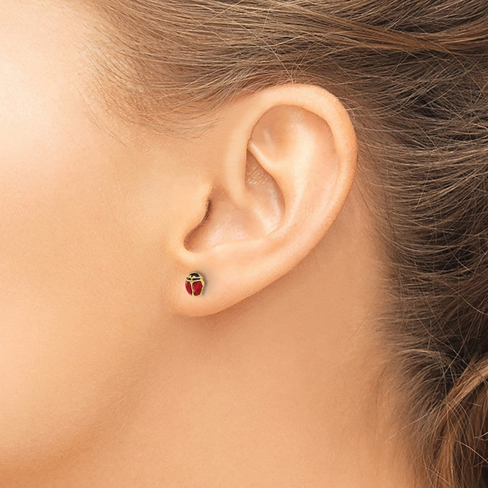 14K Yellow Gold Polished Enameled Ladybug Post Earrings