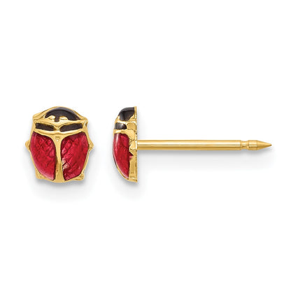 14K Yellow Gold Polished Enameled Ladybug Post Earrings