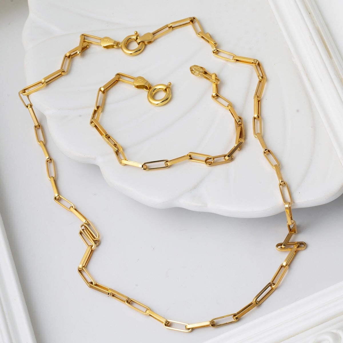 14K Yellow Gold Paperclip Chain Necklace and Bracelet Set