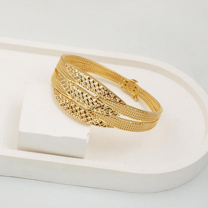 14K Yellow Gold Flower of Life Ribbed Hinged Cuff Bangle
