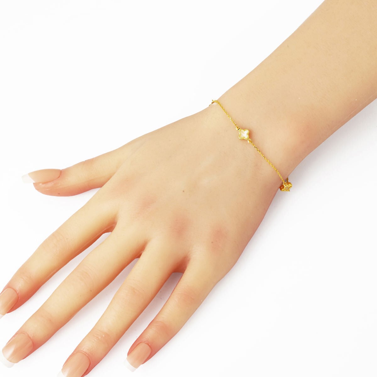 14K Yellow Gold White Clover Minimalist Glass Bracelet