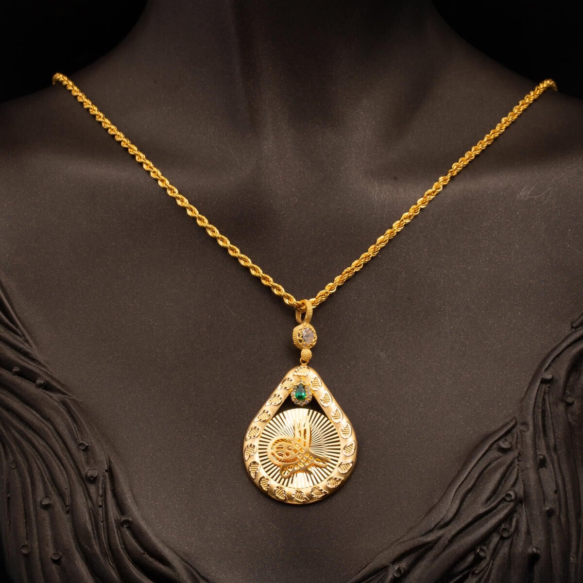 14K Yellow Gold Teardrop Sparkling Ottoman Tughra Cubic Zirconia Necklace