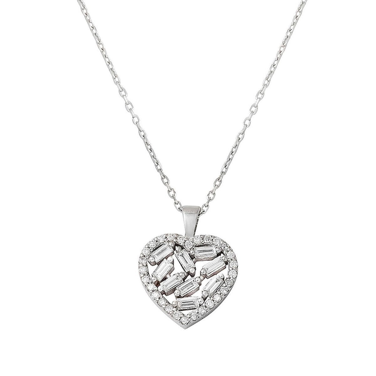 14K White Gold Baguette Diamond Heart Necklace