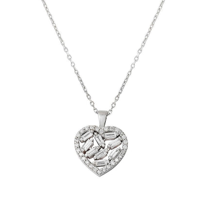 14K White Gold Baguette Diamond Heart Necklace