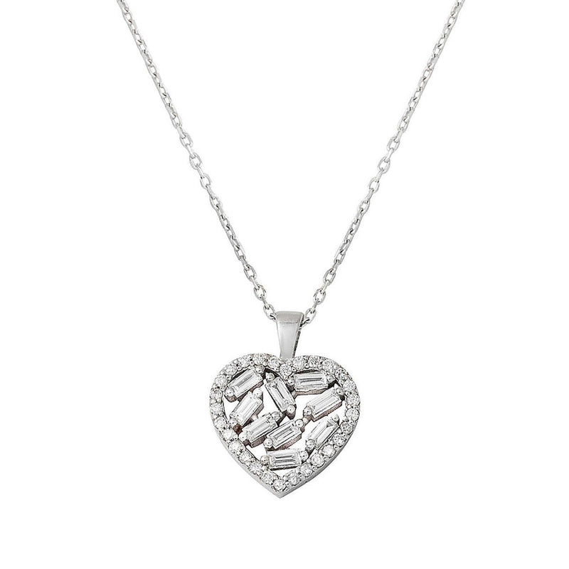 14K White Gold Baguette Diamond Heart Necklace