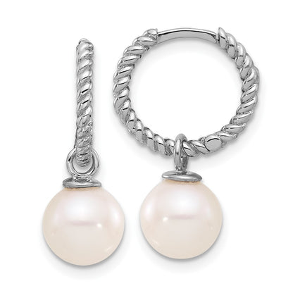 14K White Gold 7-8mm Black and White Freshwater Cultured Pearl Removable Dangle Hoop Earrings