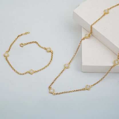 14K Yellow Gold White Clover Mother of Pearl Necklace Bracelet Set
