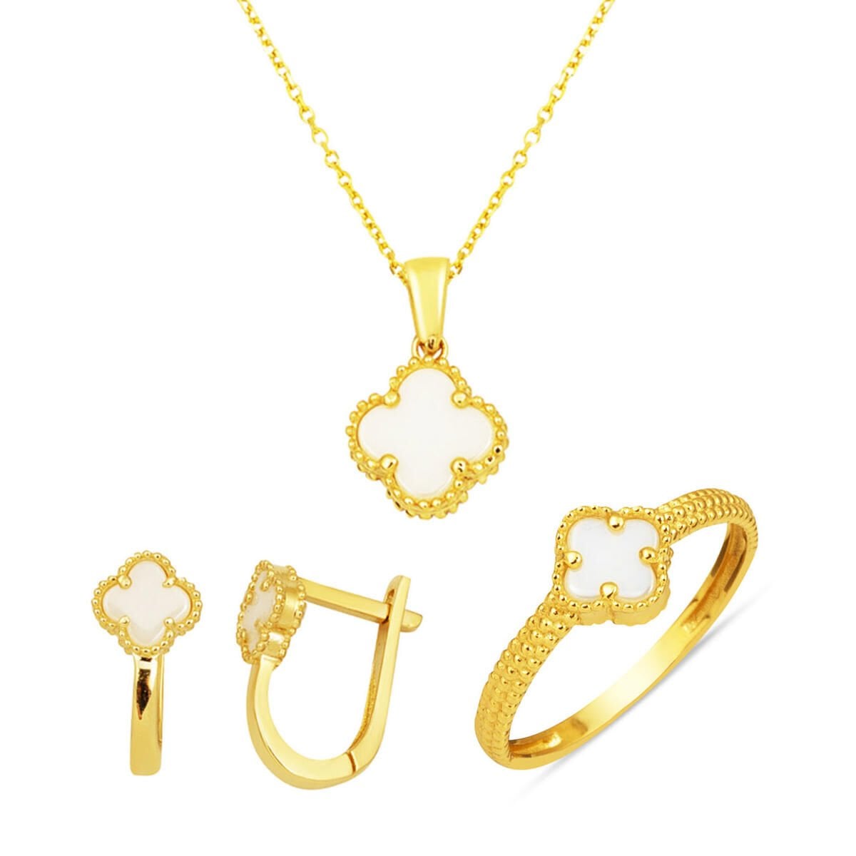 14K Yellow Gold Clover Minimalist Mother of Pearl Jewelry Set