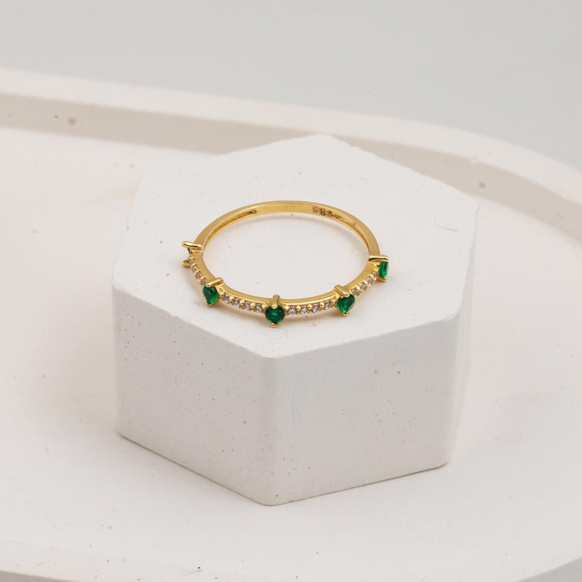 14K Yellow Gold Half Eternity Green Cubic Zirconia Ring