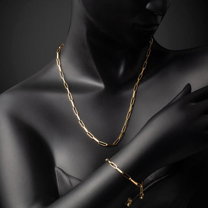 14K Yellow Gold Paperclip Chain Necklace and Bracelet Set