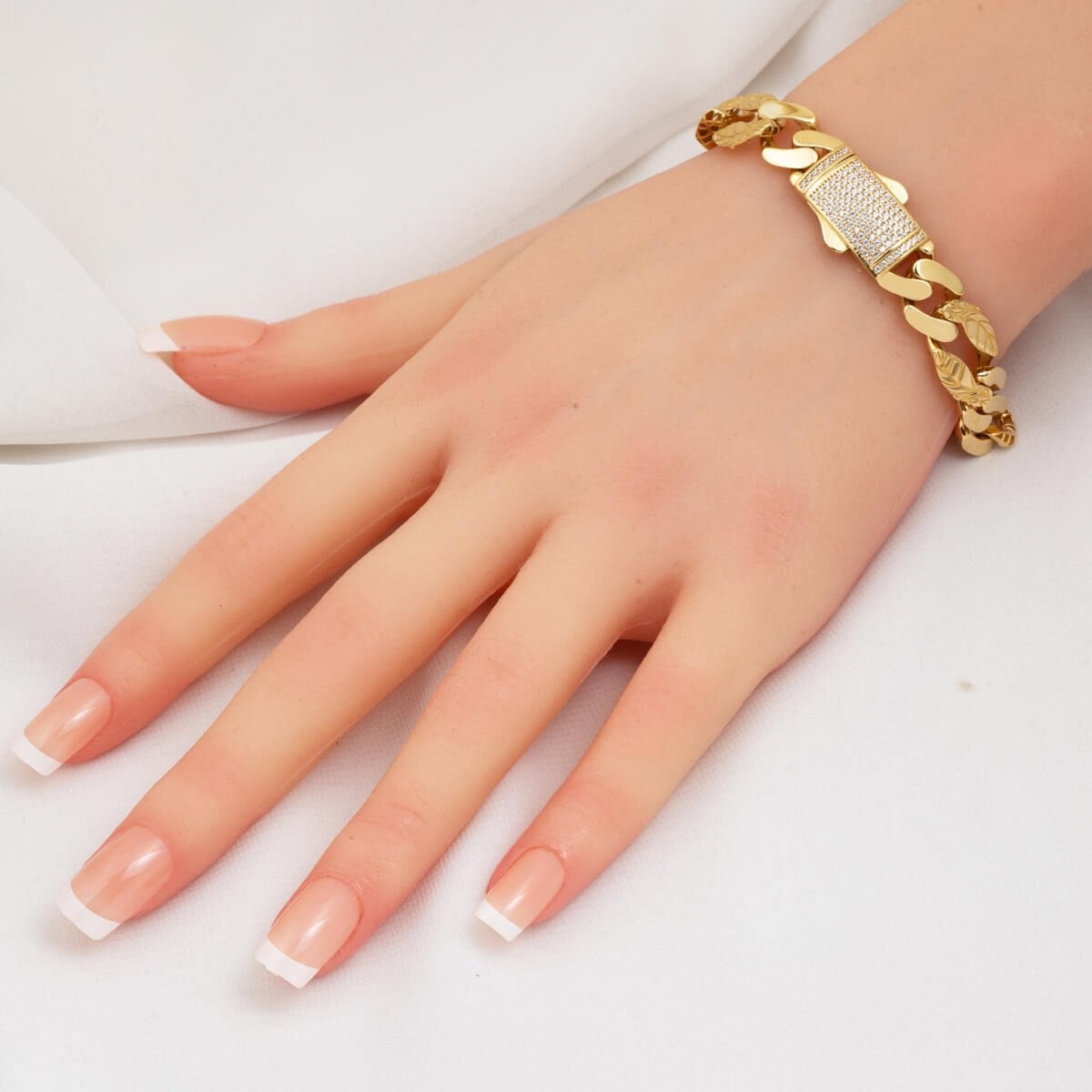 14K Yellow Gold Leaf Curb Cubic Zirconia Bracelet