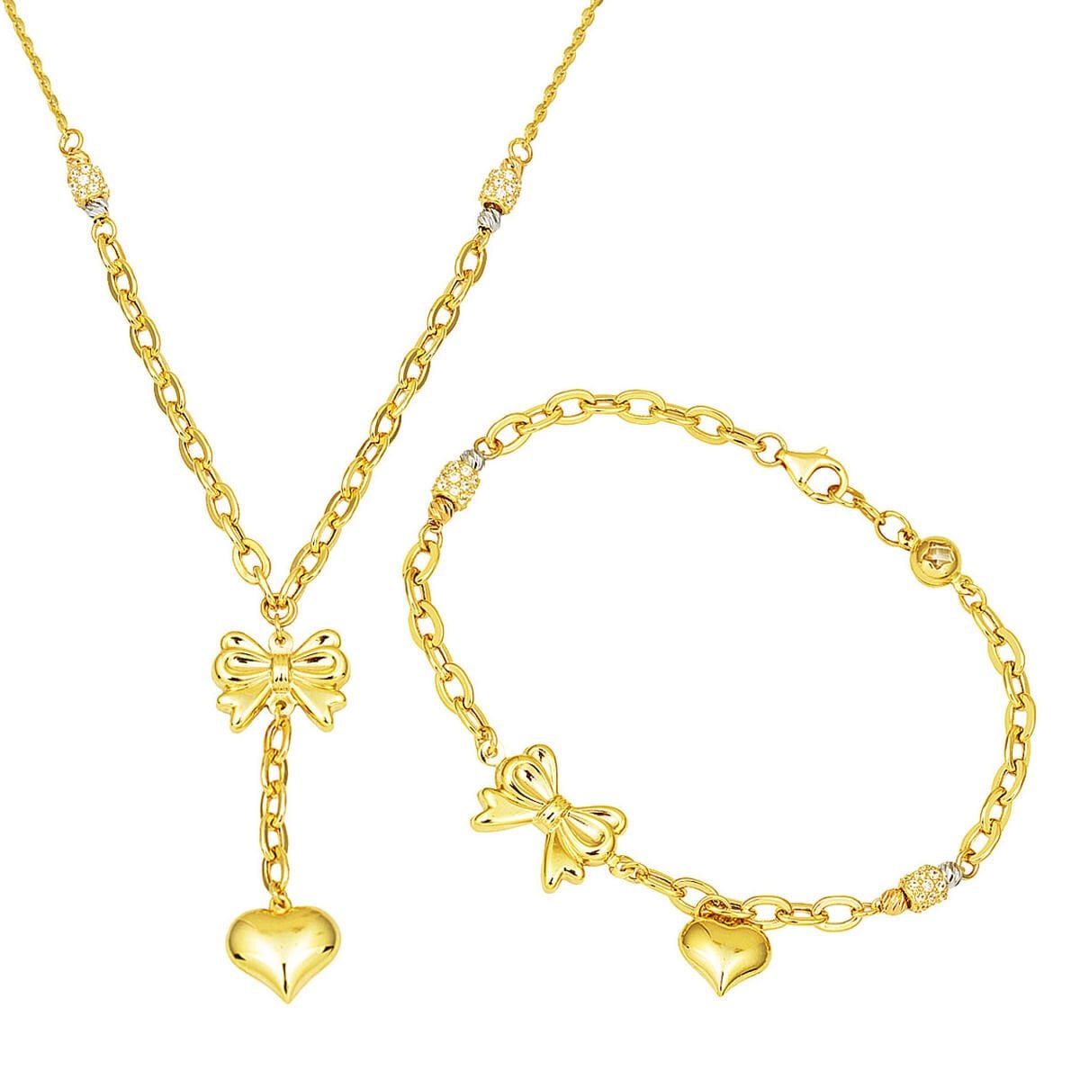 14K Yellow Gold Heart Dangle Cubic Zirconia Necklace and Bracelet Set