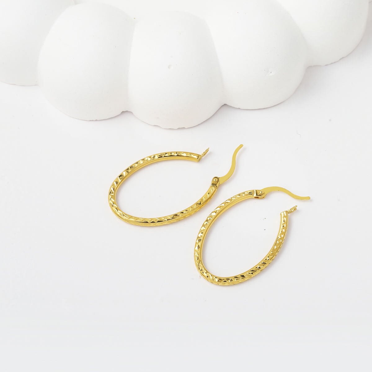 14K Yellow Gold Oval Hand Engraved Hoop Earrings