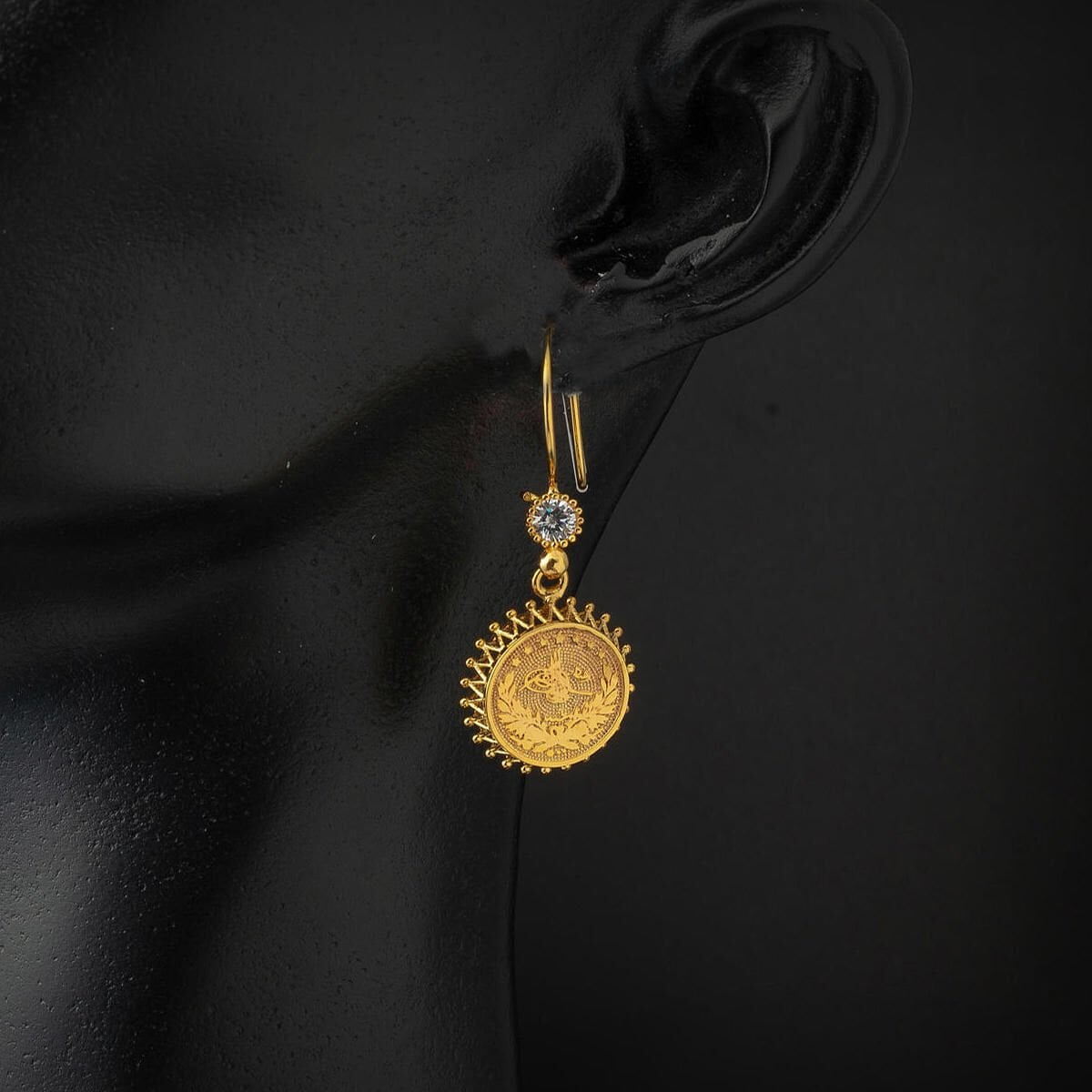 14K Yellow Gold Ottoman Tughra Drop Cubic Zirconia Earrings