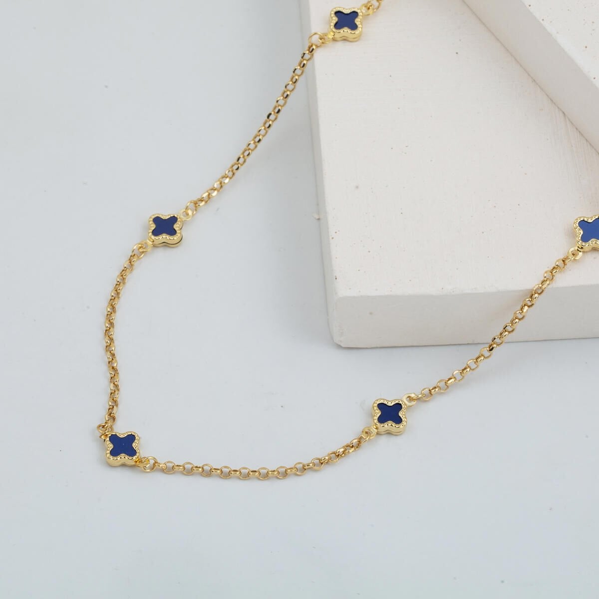 14K Yellow Gold Navy Blue Clover Chain Cubic Zirconia Necklace
