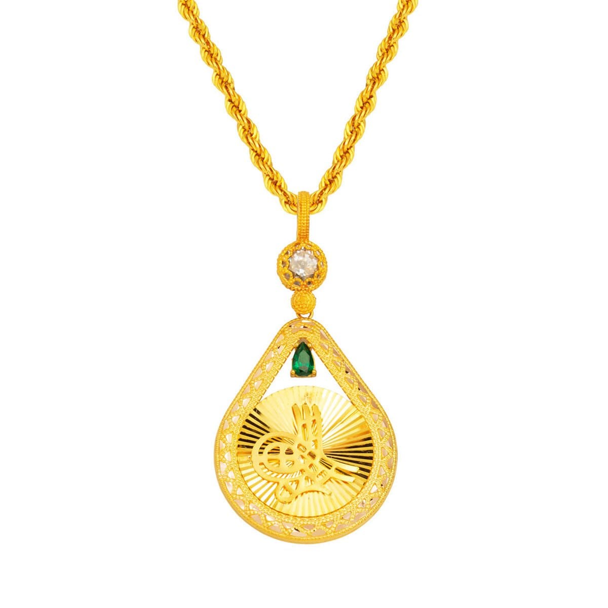 14K Yellow Gold Crystal Ottoman Tughra Cubic Zirconia Necklace
