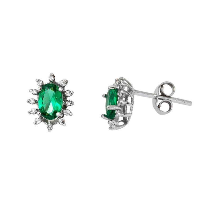 14K White Gold Halo Emerald Diamond Earrings