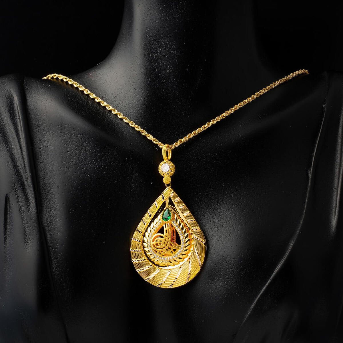 14K Yellow Gold Teardrop Ottoman Tughra Cubic Zirconia Necklace (9.51 g)