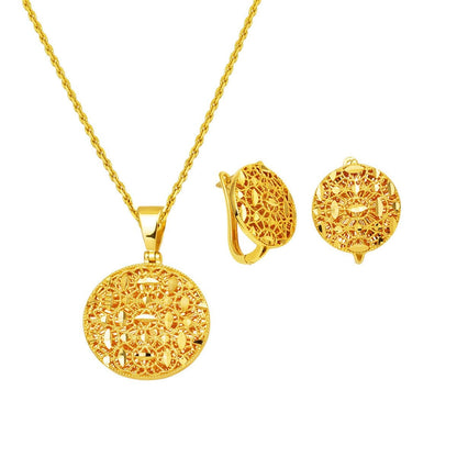 14K Yellow Gold Flower of Life Cubic Zirconia Necklace and Earrings Set (9.25 g)