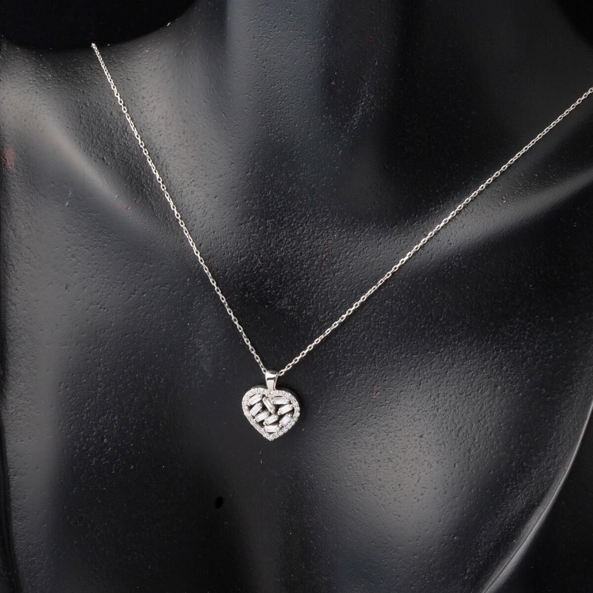 14K White Gold Baguette Diamond Heart Necklace