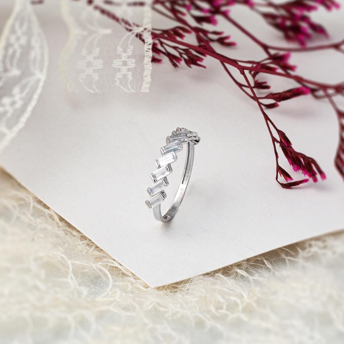 14K White Gold 9 Baguette Cubic Zirconia Ring