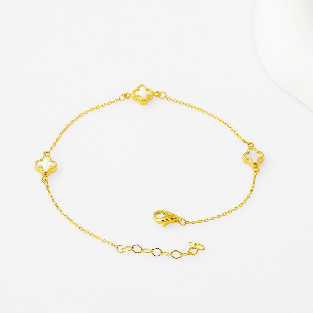14K Yellow Gold White Clover Minimalist Glass Bracelet